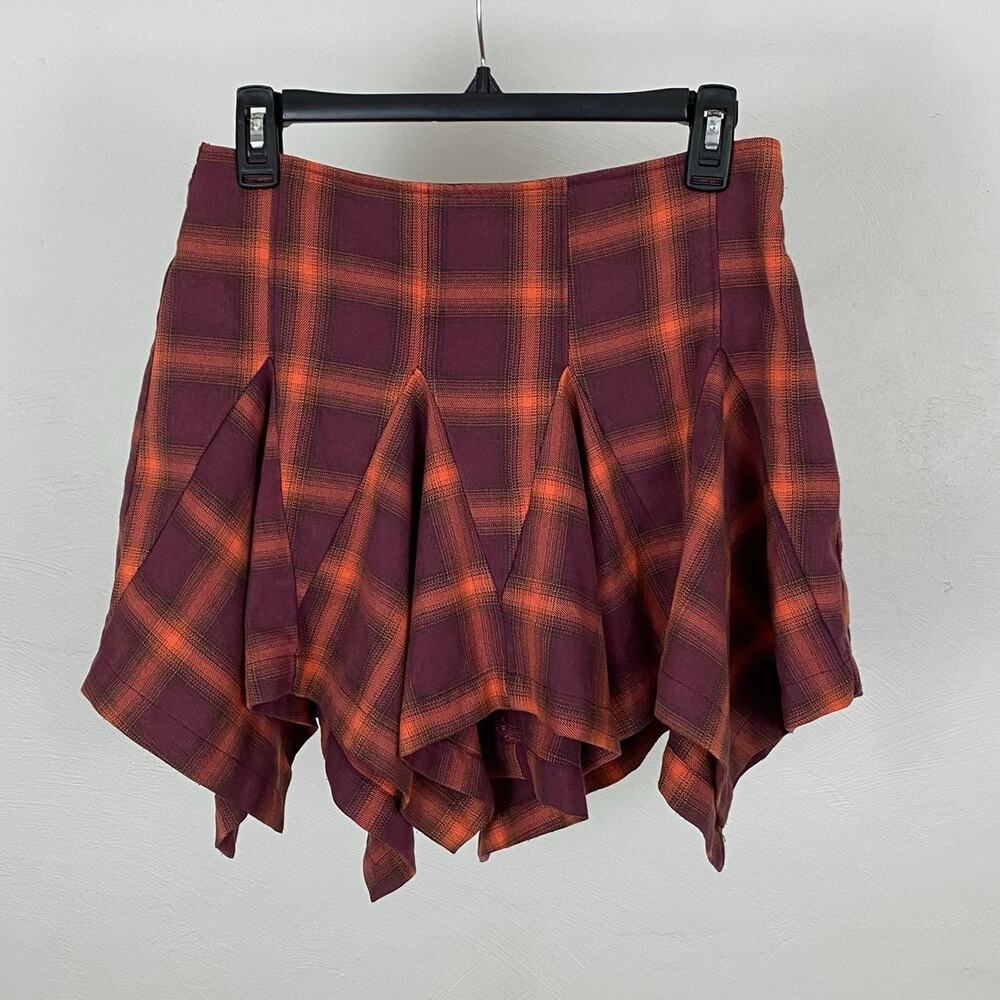 Free People Xia Plaid Mini Skirt - Burgundy Combo  - Size XS